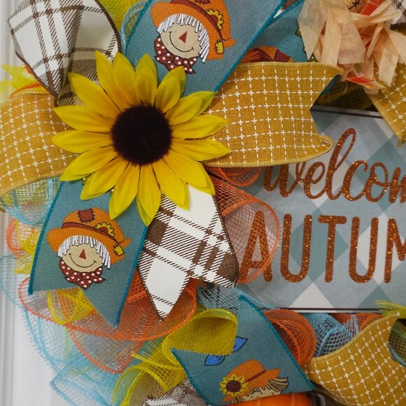 🍁 Welcome Autumn Scarecrow Wreath 🌻🎃 - Picture 3 of 6